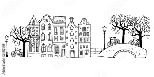 Amsterdam street scene. Vector outline sketch hand drawn illustration. Houses with bridges, lanterns, trees and bicycles