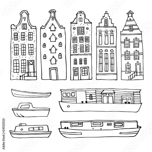 Amsterdam vector sketch hand drawn illustration. Set with outline houses and boats
