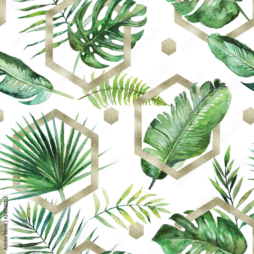 Fototapeta Green tropical palm & fern leaves with gold geometric shapes on white background. Watercolor hand painted seamless pattern. Tropical illustration. Jungle foliage.