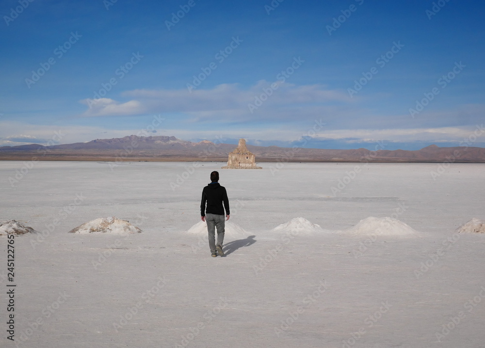 Young tourist at Salar de Uyuni, Bolivia