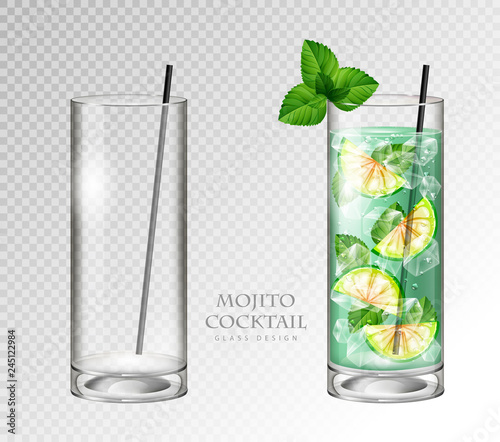 Realistic cocktail mojito vector illustration on transparent background. Full and empty glass