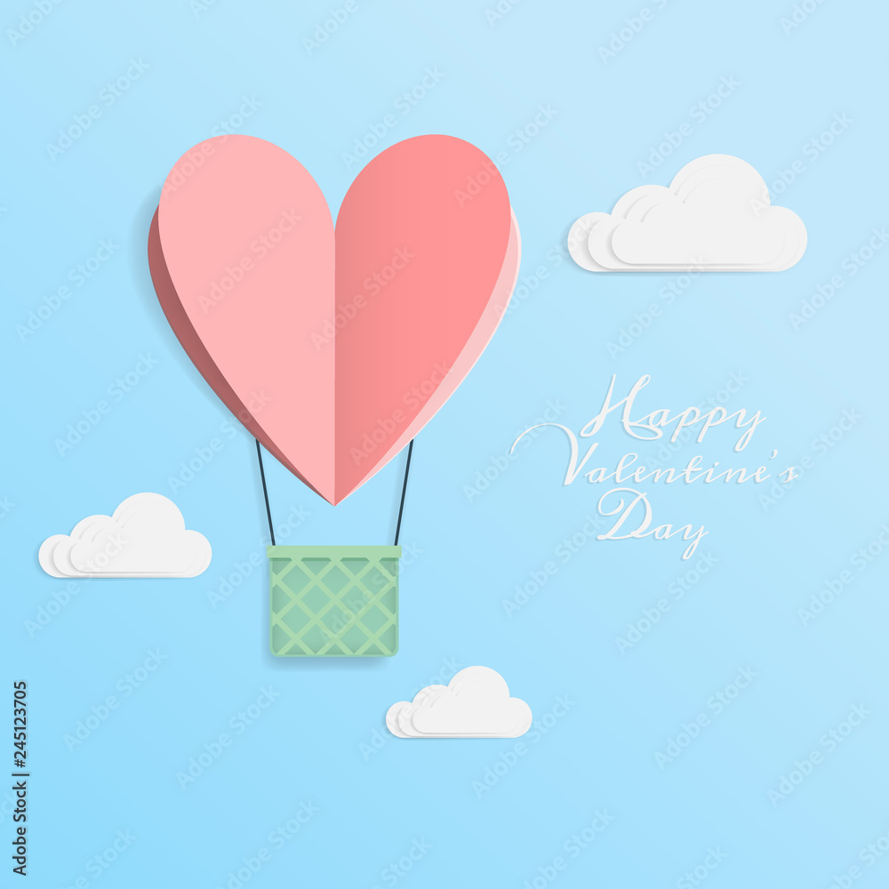 vector of love and Happy Valentine's day. origami design elements cut paper made hot air balloon in heart shape flying with basket up to the sky with white cloud. paper art and digital craft style. vector of love and Happy Valentine's day. origami design elements cut paper made hot air balloon in heart shape flying with basket up to the sky with white cloud. paper art and digital craft style.
