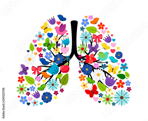 Butterflies and spring flowers in shape of human lungs. Vector floral flower and color summer artwork illustration