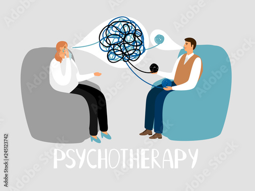 Psychotherapy, treatment of mental problems. Psychotherapist listens to patient and unravels tangle. Vector illustration