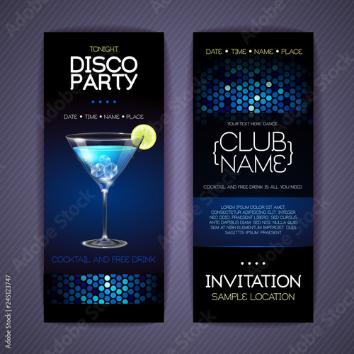 Disco invitation to cocktail party. Document template design