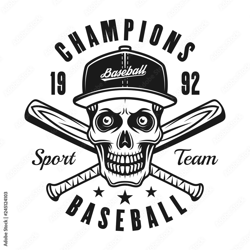 Fototapeta premium Baseball vector black emblem with skull in cap