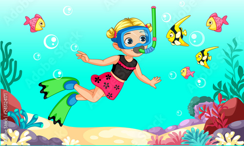 Cute little girl diver cartoon illustration