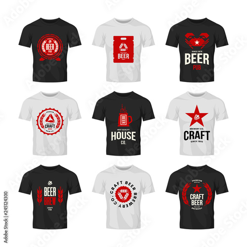 Craft beer drink vector logo sign for bar, pub, store, brewhouse or brewery on t-shirt mock up bundle. Crab, star, wooden barrel and keg logotype illustration set. Brewing fest award badge design.