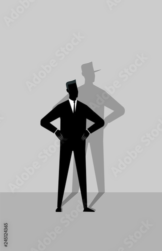 man on a podium giving speech with his long nose shadow. Concept of liar.