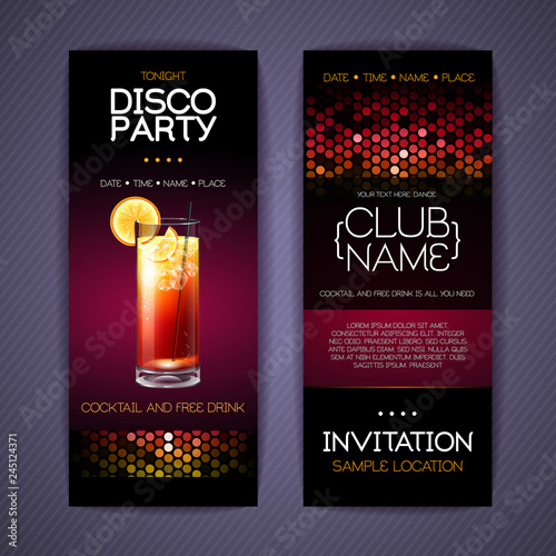 Disco invitation to cocktail party. Document template design