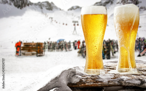 Winter beer and mountains landscape 