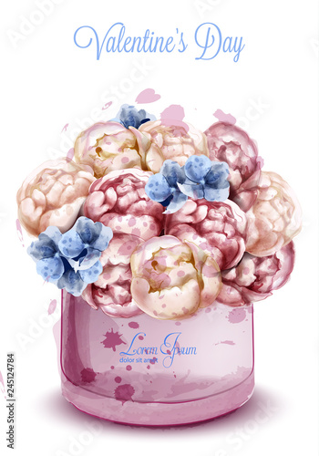 Colorful peony flowers watercolor bouquet Vector. floral decor invitation. We...