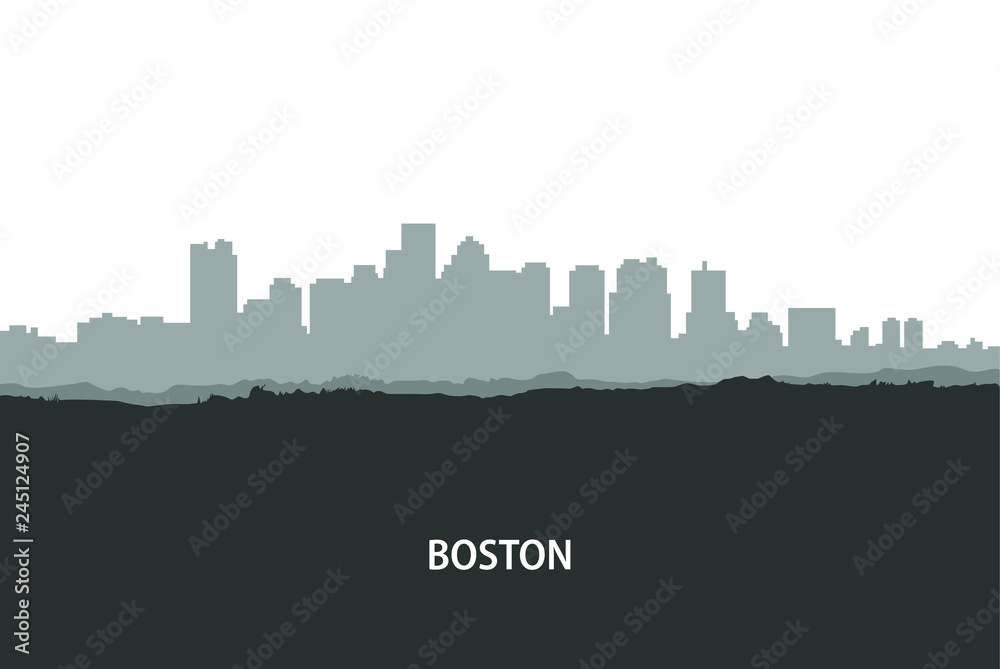 Boston, USA skyline. City silhouette with skyscraper buildings, with famous American landmarks. Urban architectural landscape. - Vector 