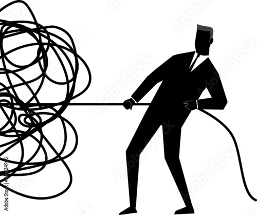 Business concept vector illustration of businessman trying to unravel tangled rope or cable