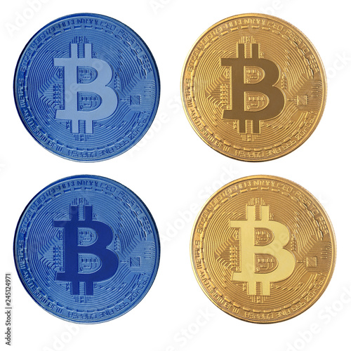 Golden and blue bitcoin isolated on white background.