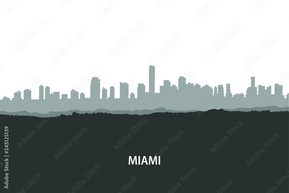 Miami, USA skyline. City silhouette with skyscraper buildings, with famous American landmarks. Urban architectural landscape. - Vector 