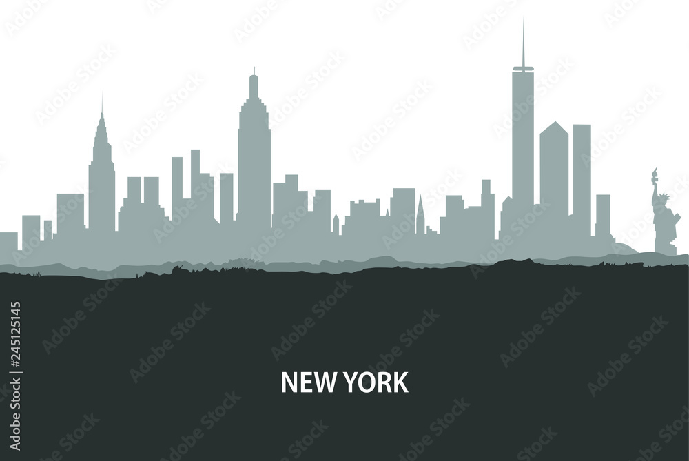 New York, USA skyline. City silhouette with skyscraper buildings, with famous American landmarks. Urban architectural landscape. - Vector 