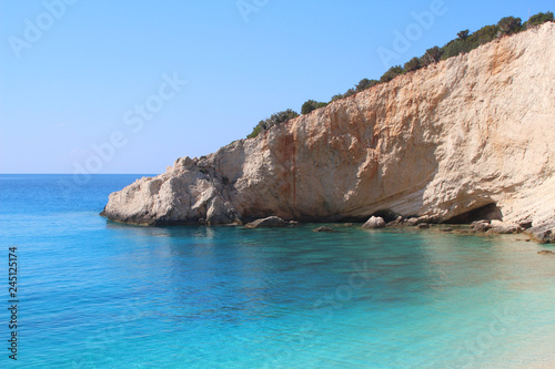 Beautiful clear turquoise water against white cliffs at Porto Katsiki, Lefkada, Greece