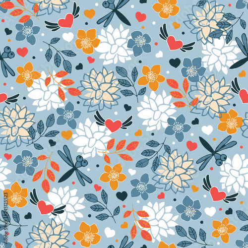 Spring seamless pattern. Flying hearts and butterflies on a floral background.