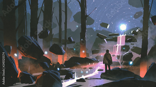 Fototapeta człowiek patrząc na świecącą piłkę światła unoszące się nad wodospadem w zaczarowanym lesie, cyfrowy styl sztuki, malarstwo ilustracja