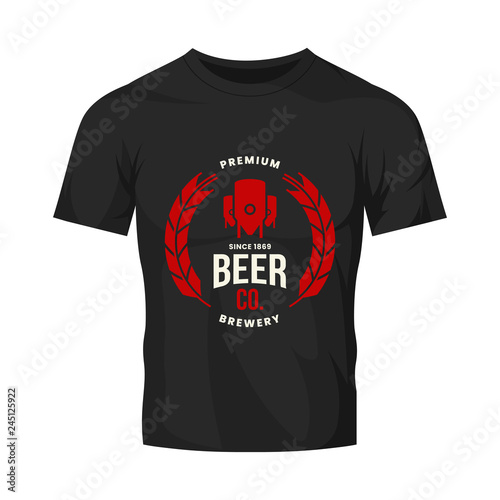 Modern craft beer drink vector logo sign for bar, pub, store, brewhouse or brewery isolated on black t-shirt mock up. Premium quality logotype emblem illustration. Brewing fest fashion badge design.