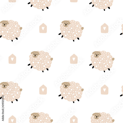 Cartoon cute doodle seamless pattern illustration with cute fluffy sheep. Endless texture with graphic background. Scandinavian illustration for nursery decor, wallpaper, fabric, postcard.