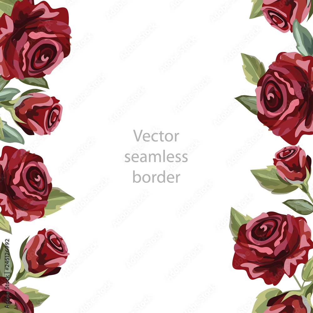 Floral seamless pattern, vertical border. Rose flower print. Red roses