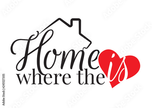 Fototapeta Wording Design, Home is where the heart is, Wall Decals, Art Design, Wall Design, isolated on white background