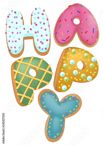Mixed color donut Happy insignia, Top view, For Bakery shop Present, Happy birthday concept.