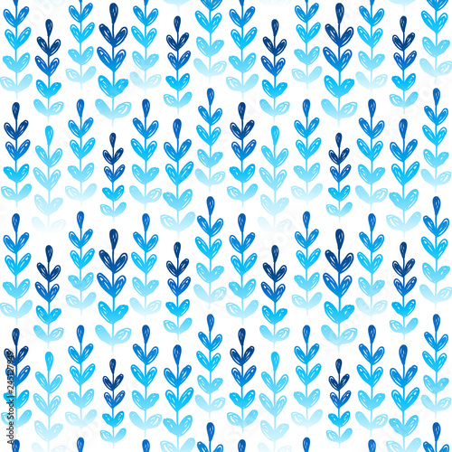 Seamless pattern with blue herbal silhouettes