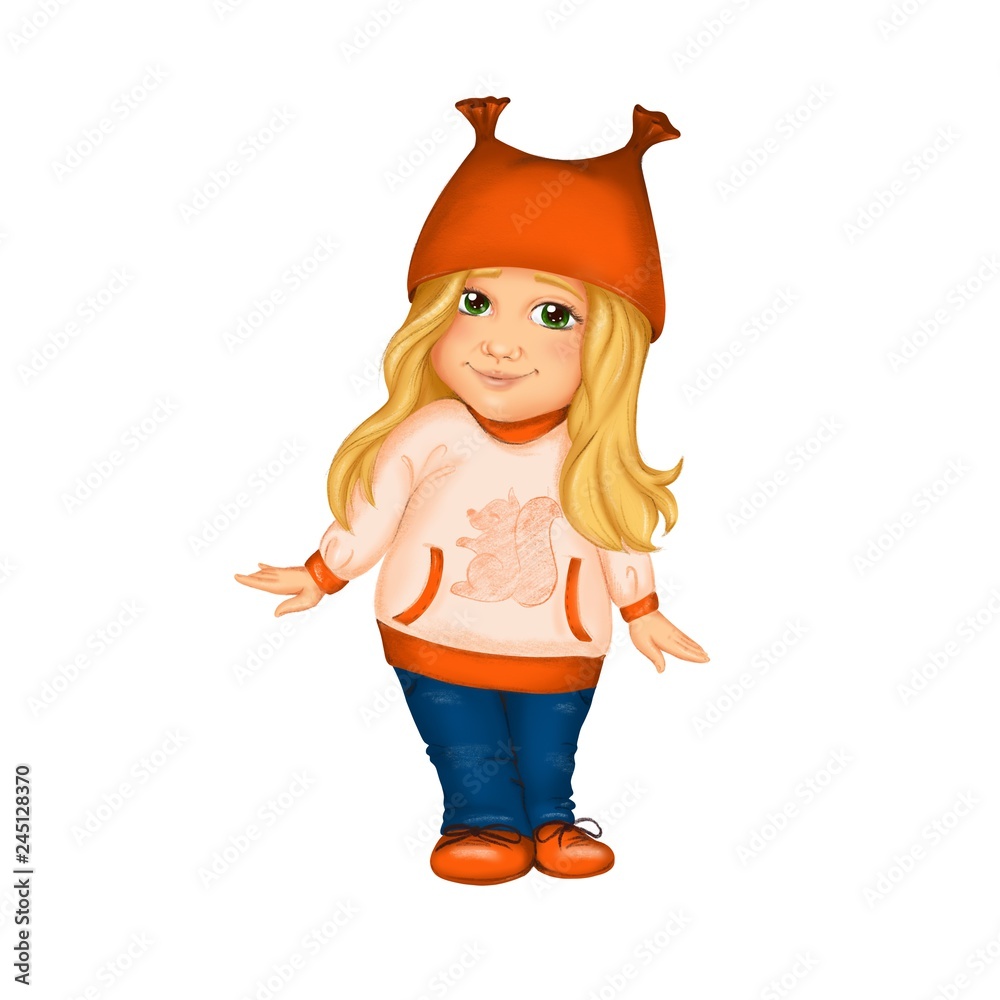 Spring clip art cartoon girl in hat with ears and long blonde hair like  squirrel For