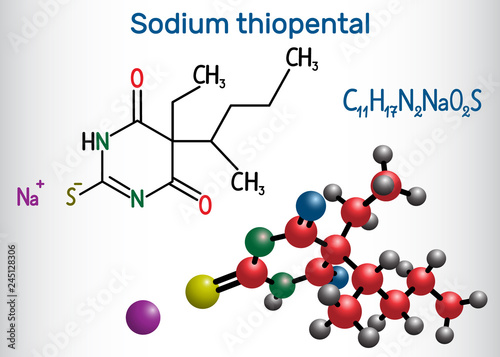 Sodium thiopental drug molecule. It  is a rapid-onset short-acting barbiturate general anesthetic. Structural chemical formula and molecule model photo