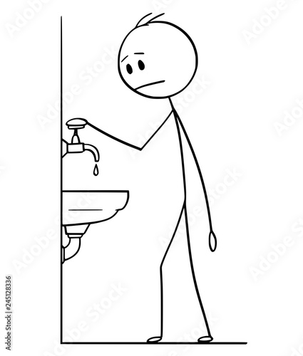Cartoon stick drawing conceptual illustration of man with hand on old or retro faucet or tap with water dripping in lavatory. Water saving or shortage concept.