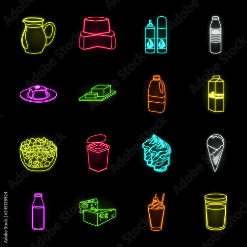 Milk product neon icons in set collection for design.Milk and food vector symbol stock web illustration.