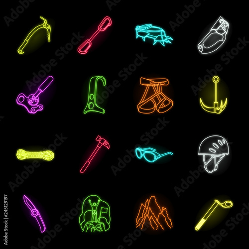 Mountaineering and climbing neon icons in set collection for design. Equipment and accessories vector symbol stock web illustration.