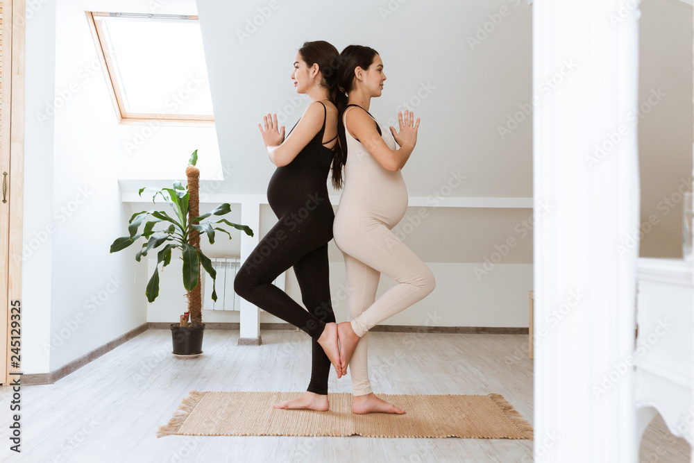 Pregnancy yoga and fitness concept. Two beautiful young pregnant sisters working out indoor at home. Prenatal healhy lifestyle Pregnancy yoga and fitness concept. Two beautiful young pregnant sisters working out indoor at home. Prenatal healhy lifestyle
