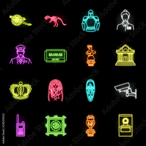 Museum and gallery neon icons in set collection for design. Storage and exhibition of showpiece vector symbol stock web illustration.