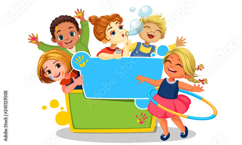 Happy kids surrounding the blank board