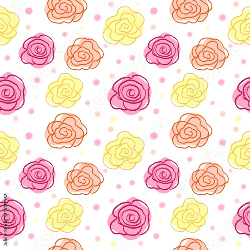 Spring seamless pattern - yellow, pink, orange flower sketch for fashion illustration, printing, poster, banner, notebook, textile. Isolated without background. Spring floral ornament