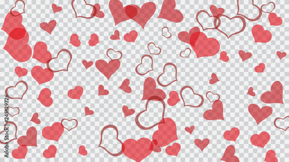 Red on Transparent background Vector. Stylish background. The idea of wallpaper design, textiles, packaging, printing, holiday invitation for birthday. Red hearts of confetti are falling.