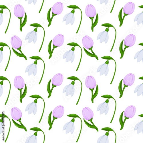 Spring seamless pattern snowdrop and crocus flower sketch for fashion illustration  printing  poster  banner  notebook  textile. Isolated without background. Spring floral ornament