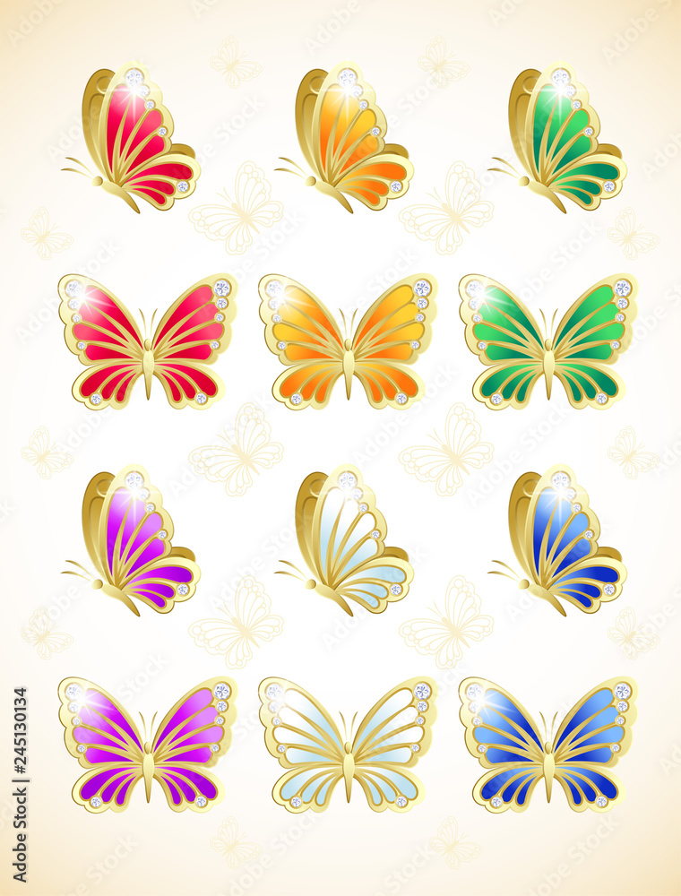 Set of precious Golden Butterflies with rhinestones for your creative works. Vector illustration  .