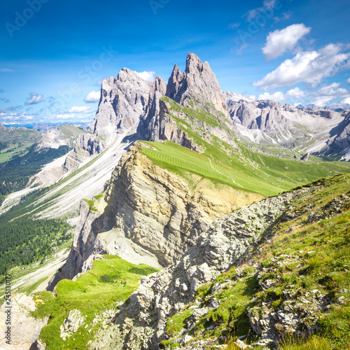 Elevated view, from the top of Seceda mountain, of the Odle Mountains, Puez Odle Natural Park, Trentino Alto Adige, Italy