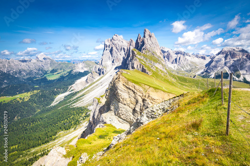 Elevated view, from the top of Seceda mountain, of the Odle Mountains, Puez Odle Natural Park, Trentino Alto Adige, Italy