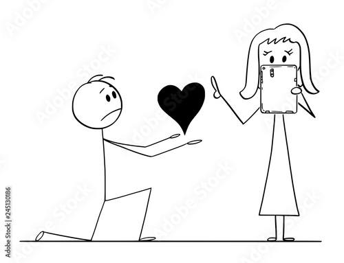 Cartoon stick drawing conceptual illustration of man kneeling and giving big heart to his beloved woman of love, but she is rejecting or ignoring his proposal because she is networking on tablet.
