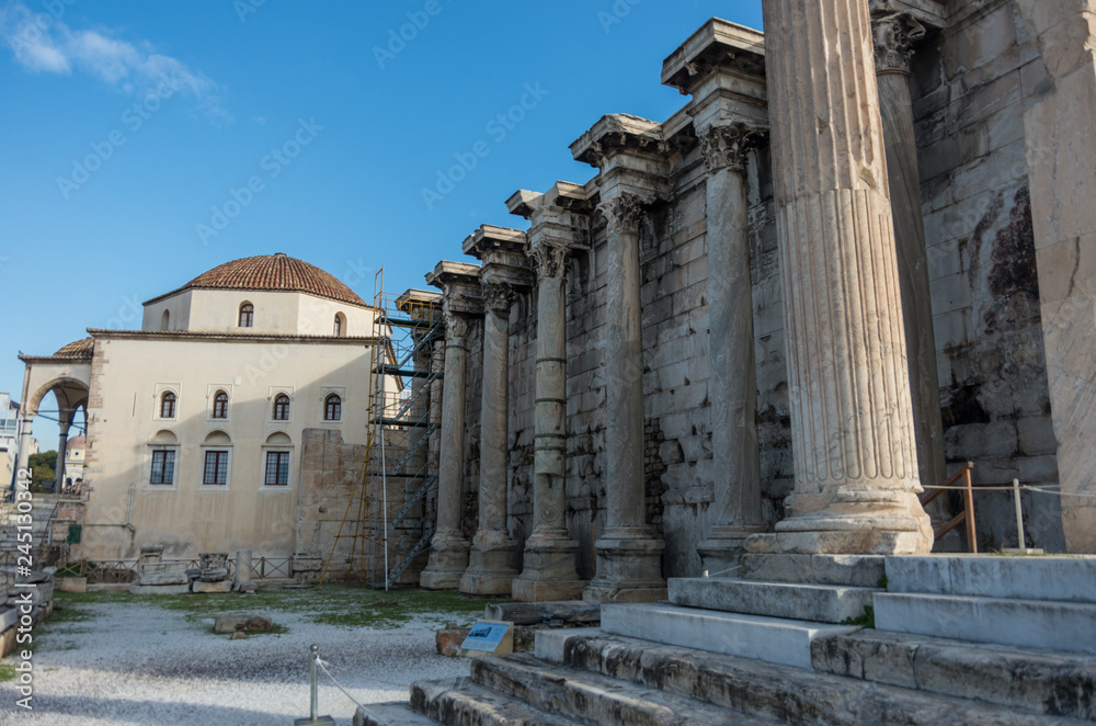 Remains of the Hadrian's Library in Monastiraki square,Athens,Greece