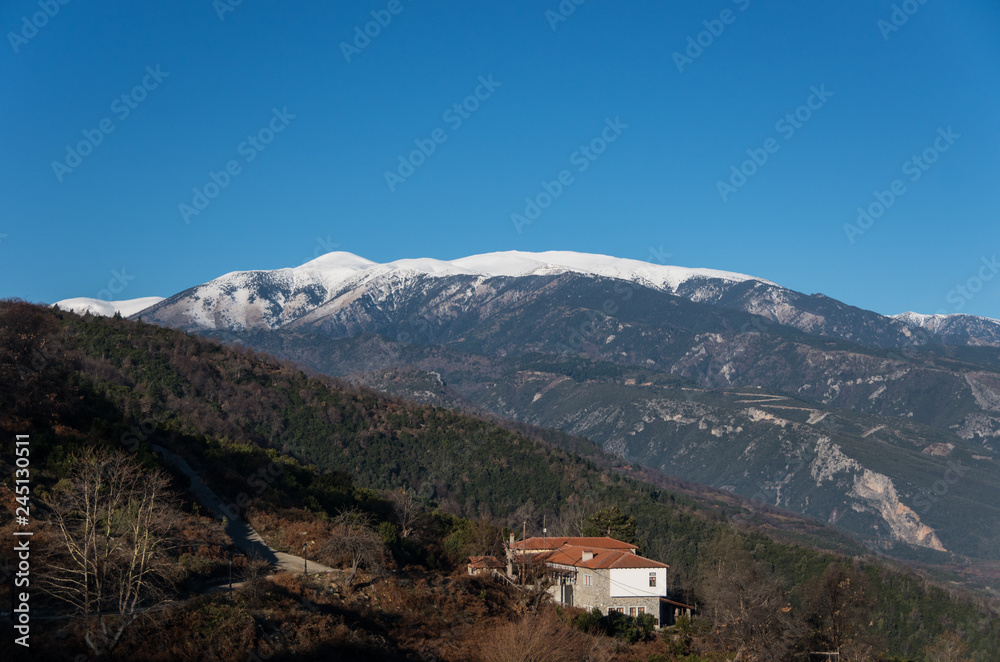 Palaios Panteleimonas village in Leptokaria region with Olympus mount at background, Greece
