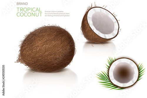 Broken and whole coconut, half coco nut with green palm leaves, isolated on white background, top view. Design element for food packaging, ingredient for natural organic cosmetics.