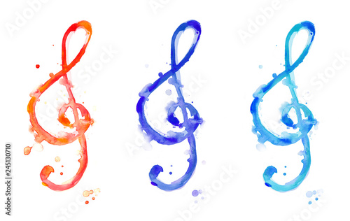 Set treble key collection watercolor colorful