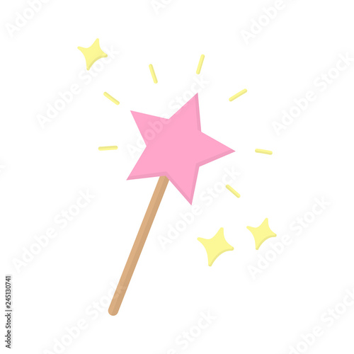 Pink star shaped magic wand with shiny sparkles. Magical wand, stick, graphic icon vector illustration, isolated.